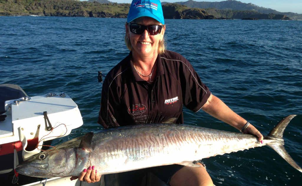Karen Goodwin of Jetty Boating said her partner Norm Dark put her over the right patch to land this 20kg mackerel. Karen Goodwin of Jetty Boating said her partner Norm Dark put her over the right patch to land this 20kg mackerel.